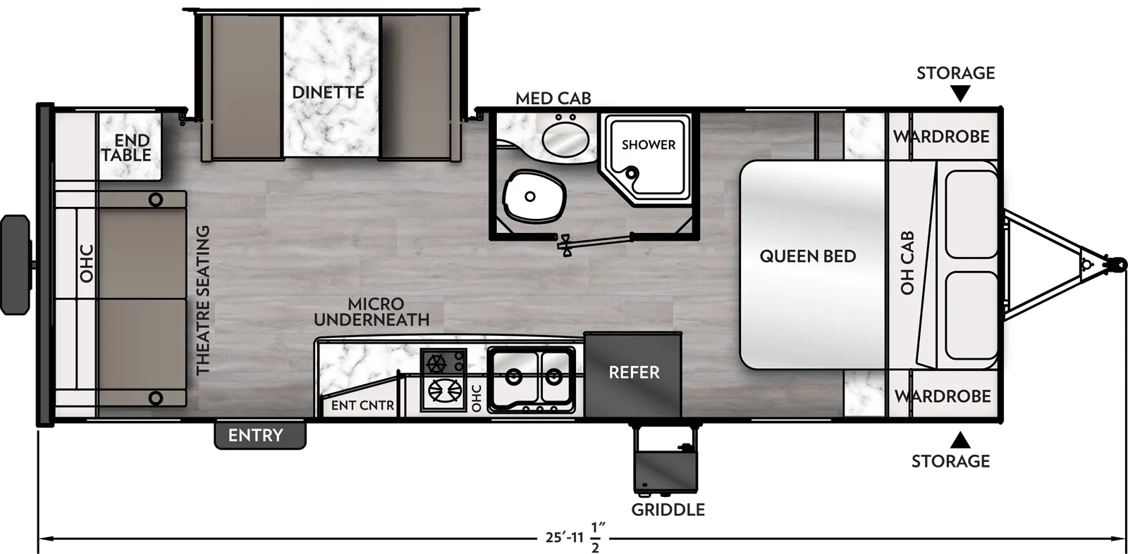 The 221RLS has 1 slide out on the off-door side and 1 entry door. Exterior features include a rear spare tire, griddle and front storage. Interior layout from front to back includes: front bedroom with foot-facing Queen bed with opposing side wardrobes and overhead cabinet; off-door side bathroom with medicine cabinet, toilet, sink and shower; door side kitchen with microwave underneath countertop, entertainment center, stovetop, overhead cabinets, double basin sink and refrigerator; off-door slide out holding a dinette; rear wall theater seating with overhead cabinet and corner end table.